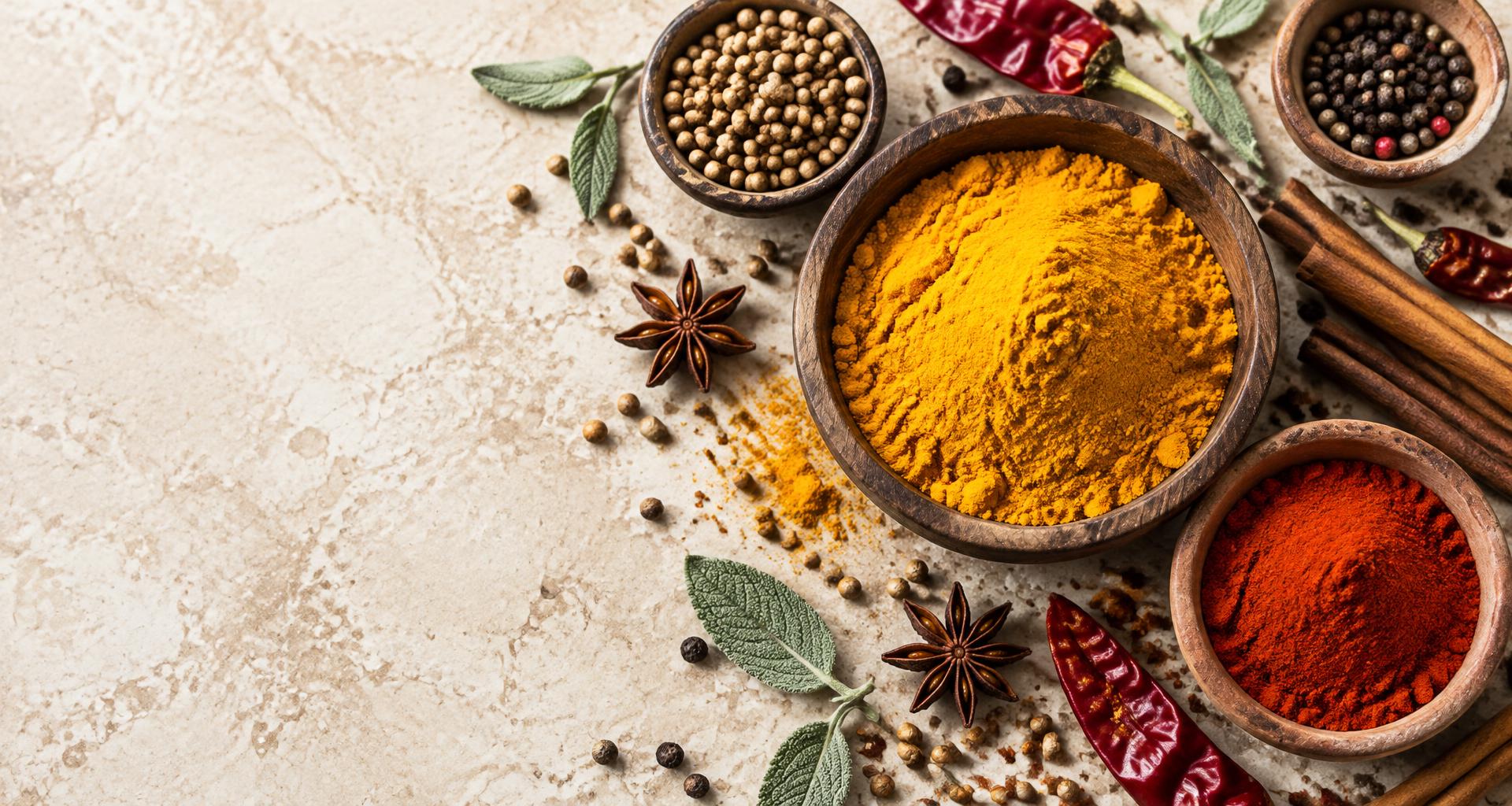 Kurkuma, paprika, kanēlis un veselas garšvielas uz gaiša galda